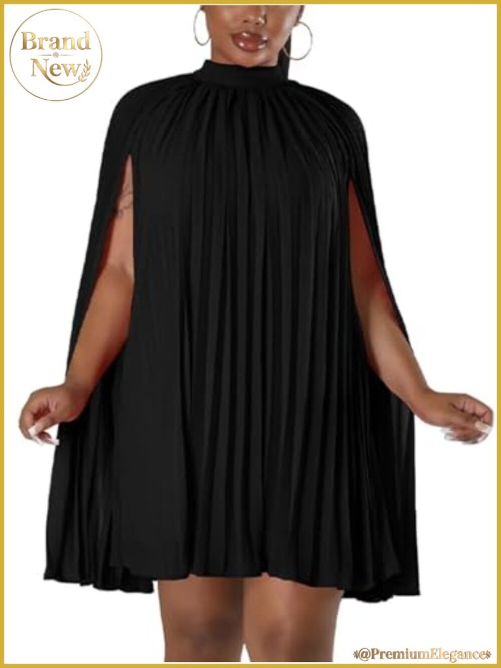 Women's Cape Pleated Cocktail Mini Dress Chiffon High Neck Long Sleeve